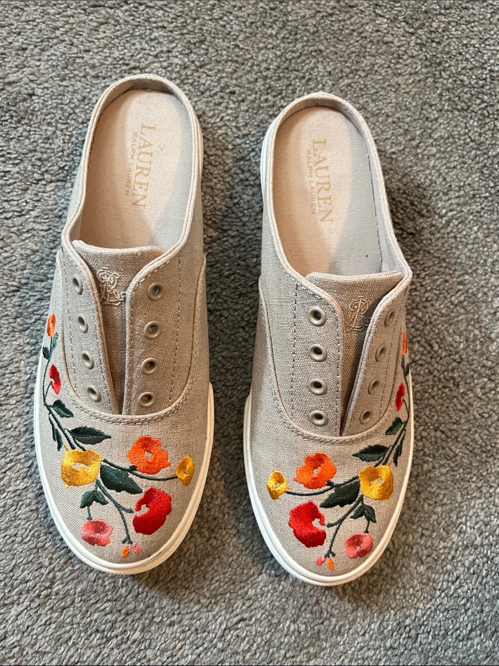 Lauren Ralph Lauren Beige Embroidered Canvas Mules with Red & Orange Flowers